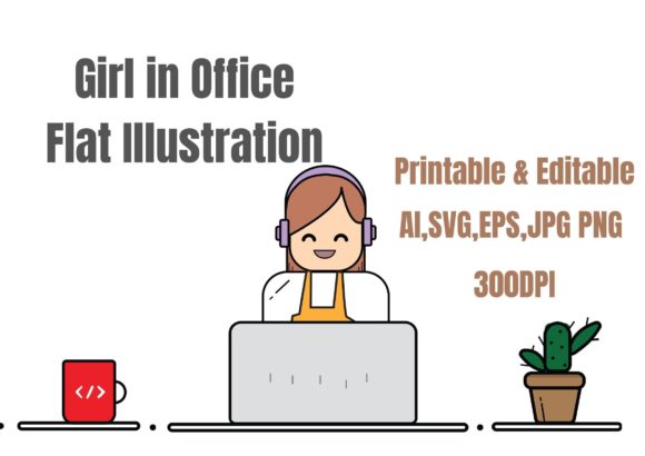 Girl in Office Flat Illustration Graphics